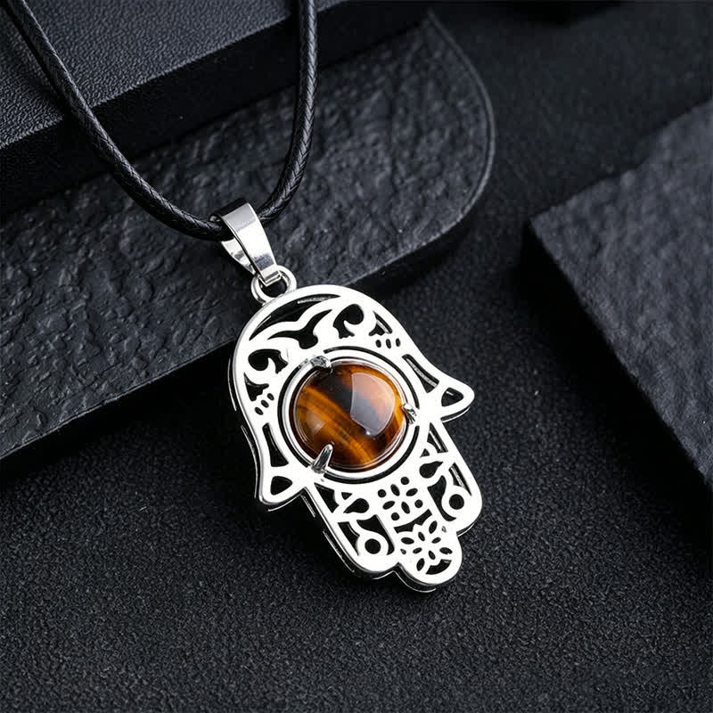 Buddha Stones Halskette aus schwarzem Obsidian mit Hamsa-Palm-Einlage und Kristallstärke - Natürliches Tigerauge (Farbe kann variieren) - image 8