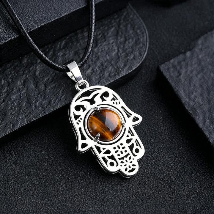Buddha Stones Halskette aus schwarzem Obsidian mit Hamsa-Palm-Einlage und Kristallstärke - Natürliches Tigerauge (Farbe kann variieren) - image 8