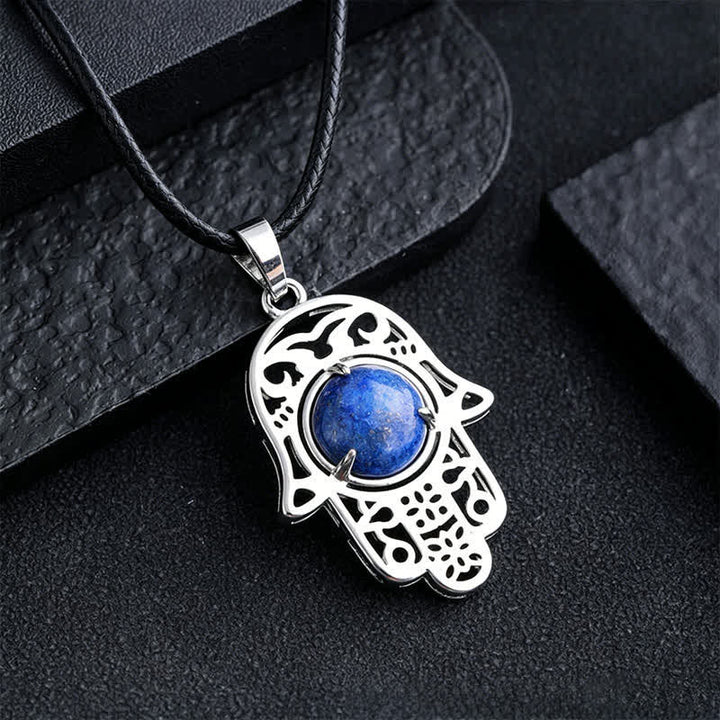 Buddha Stones Halskette aus schwarzem Obsidian mit Hamsa-Palm-Einlage und Kristallstärke - Natürlicher Lapislazuli (Farbe kann variieren) - image 10