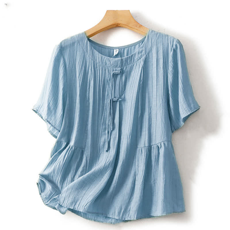Buddha Stones Sommerliches Boho-Shirt mit Knöpfen, Rundhalsausschnitt, Kurzarm, Damen, einfarbig, Kurzarm - Hellstahlblau - US 8-10, UK/AU 12-14, EU 40-42 (2XL) - image 0