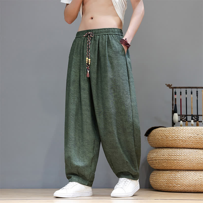 Buddha Stones Sommerliche Herren-Haremshose im Boho-Stil mit Kordelzug, einfarbigem Pflanzenmuster und Taschen - Dunkelolivgrün - US/UK/AU48, EU58 (6XL) - image 0