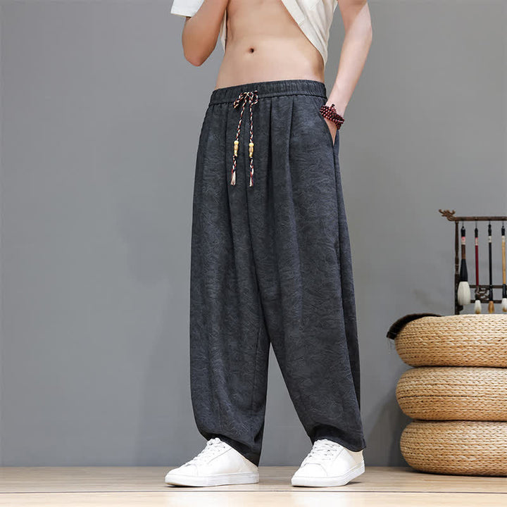 Buddha Stones Sommerliche Herren-Haremshose im Boho-Stil mit Kordelzug, einfarbigem Pflanzenmuster und Taschen - Schwarz - US/UK/AU48, EU58 (6XL) - image 9