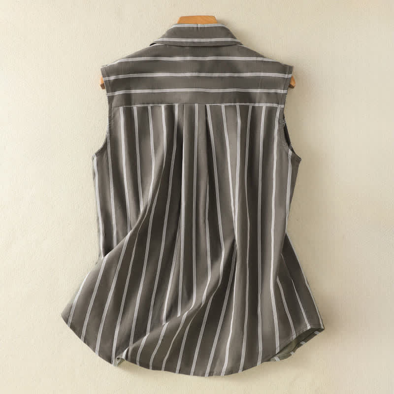 Buddha Stones Sommerliches, gestreiftes Damenblusen-Shirt im Vintage-Stil mit Knopfleiste und aufgesetzter Tasche - image 1