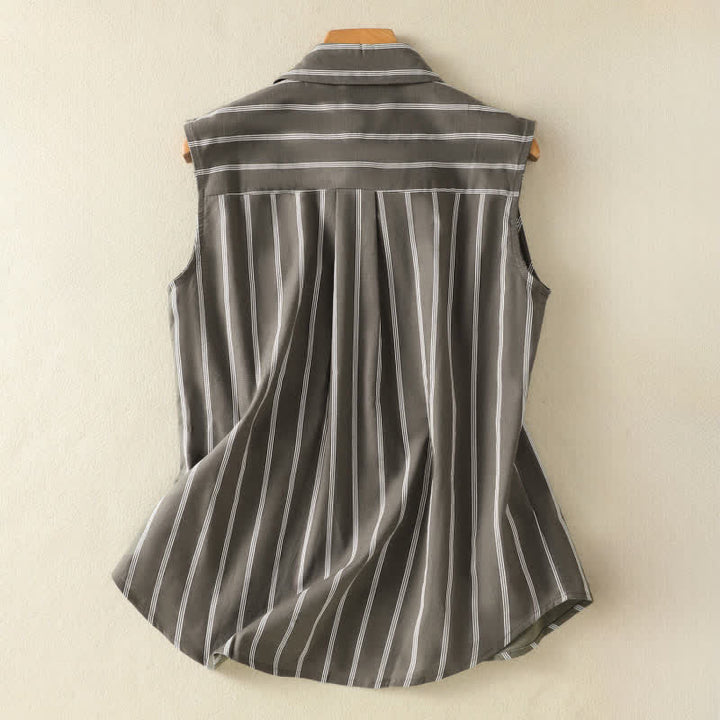 Buddha Stones Sommerliches, gestreiftes Damenblusen-Shirt im Vintage-Stil mit Knopfleiste und aufgesetzter Tasche - image 1