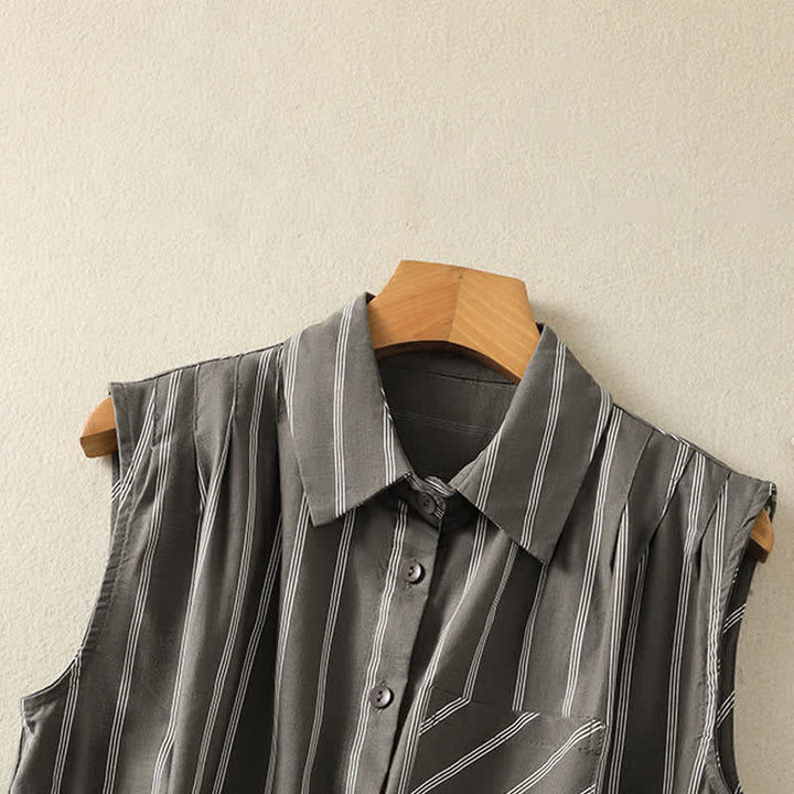 Buddha Stones Sommerliches, gestreiftes Damenblusen-Shirt im Vintage-Stil mit Knopfleiste und aufgesetzter Tasche - image 3