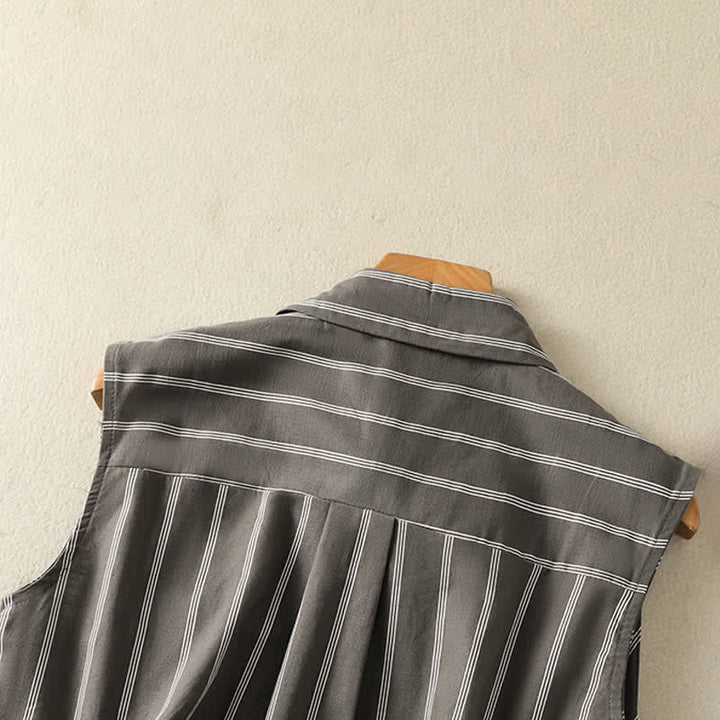 Buddha Stones Sommerliches, gestreiftes Damenblusen-Shirt im Vintage-Stil mit Knopfleiste und aufgesetzter Tasche - image 4