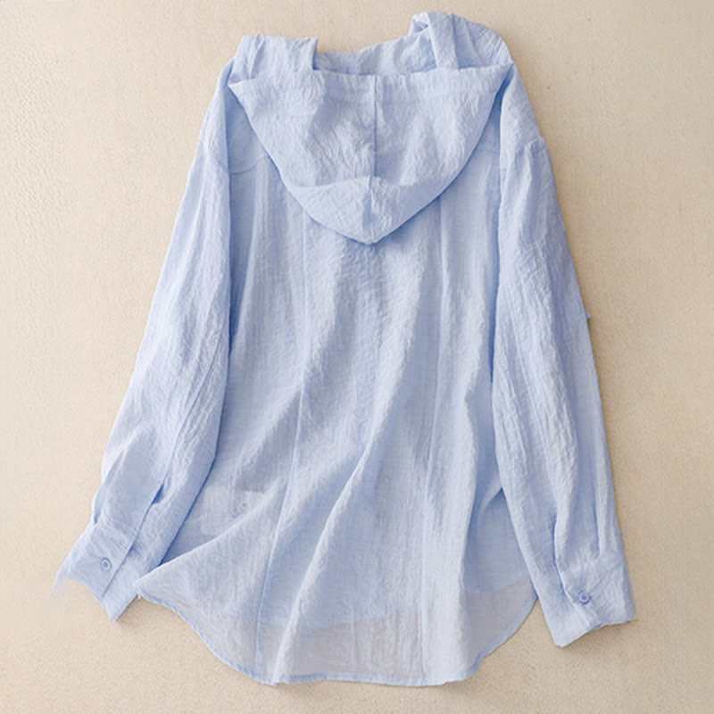 Buddha Stones Lässige, einfarbige Damen-Langarmshirts mit Kapuze und Kordelzug für den Sommer - image 1