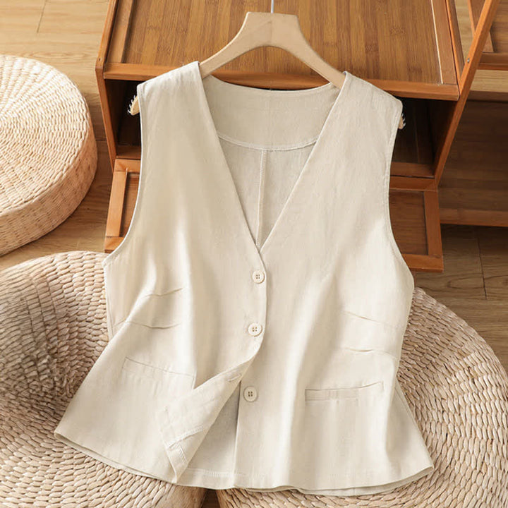 Buddha Stones Sommerliche Vintage-Damenblusen mit Knopfleiste, einfarbig, ärmellos und mit Ziertaschen - Beige - US12, UK/AU16, EU44 (2XL) - image 0