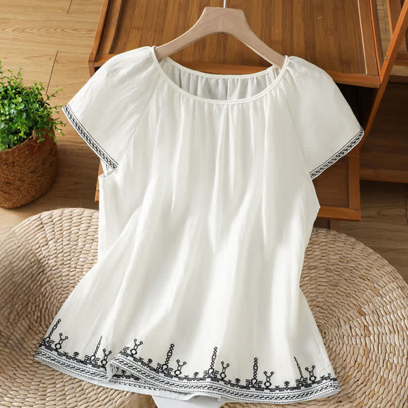 Buddha Stones Sommerliches Boho-T-Shirt mit Blumenstickerei und kurzen Ärmeln für Damen - Weiß - US12, UK/AU16, EU44 (2XL) - image 6
