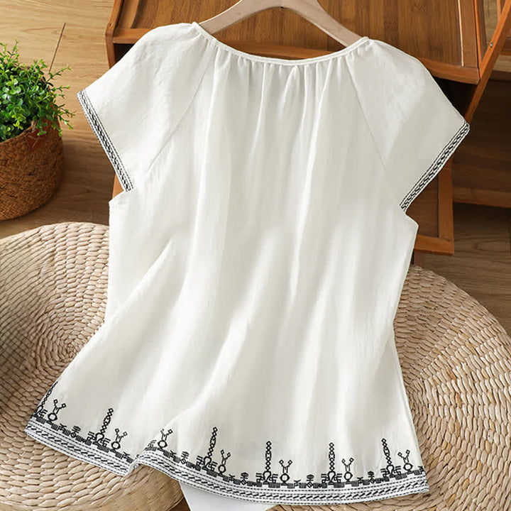Buddha Stones Sommerliches Boho-T-Shirt mit Blumenstickerei und kurzen Ärmeln für Damen - image 7