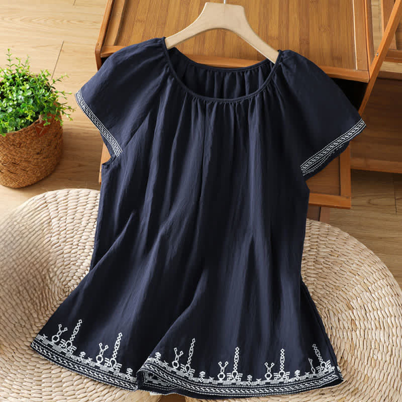 Buddha Stones Sommerliches Boho-T-Shirt mit Blumenstickerei und kurzen Ärmeln für Damen - Mitternachtsblau - US12, UK/AU16, EU44 (2XL) - image 0