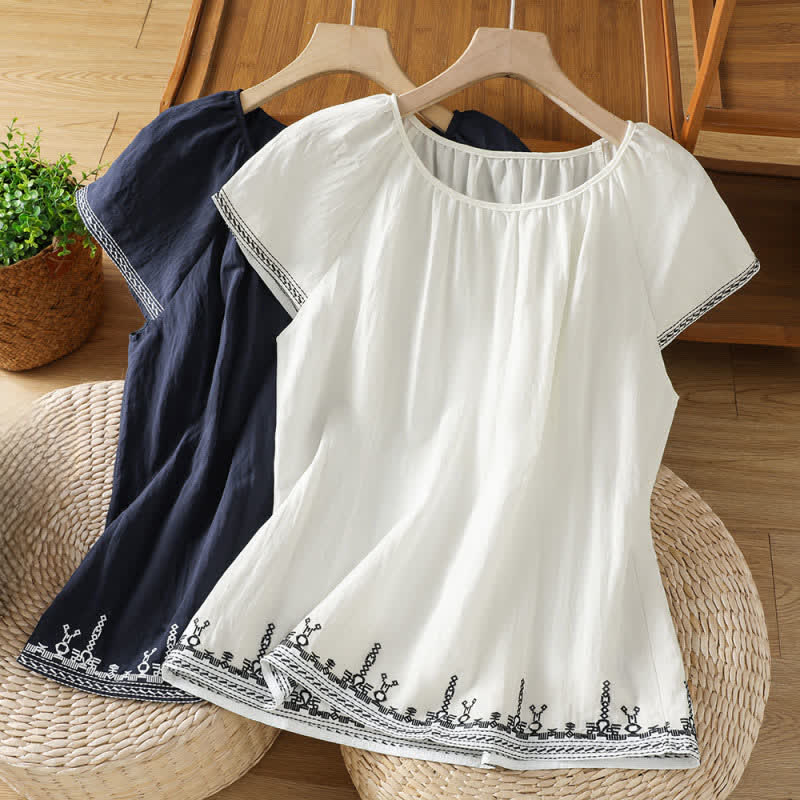 Buddha Stones Sommerliches Boho-T-Shirt mit Blumenstickerei und kurzen Ärmeln für Damen - image 14