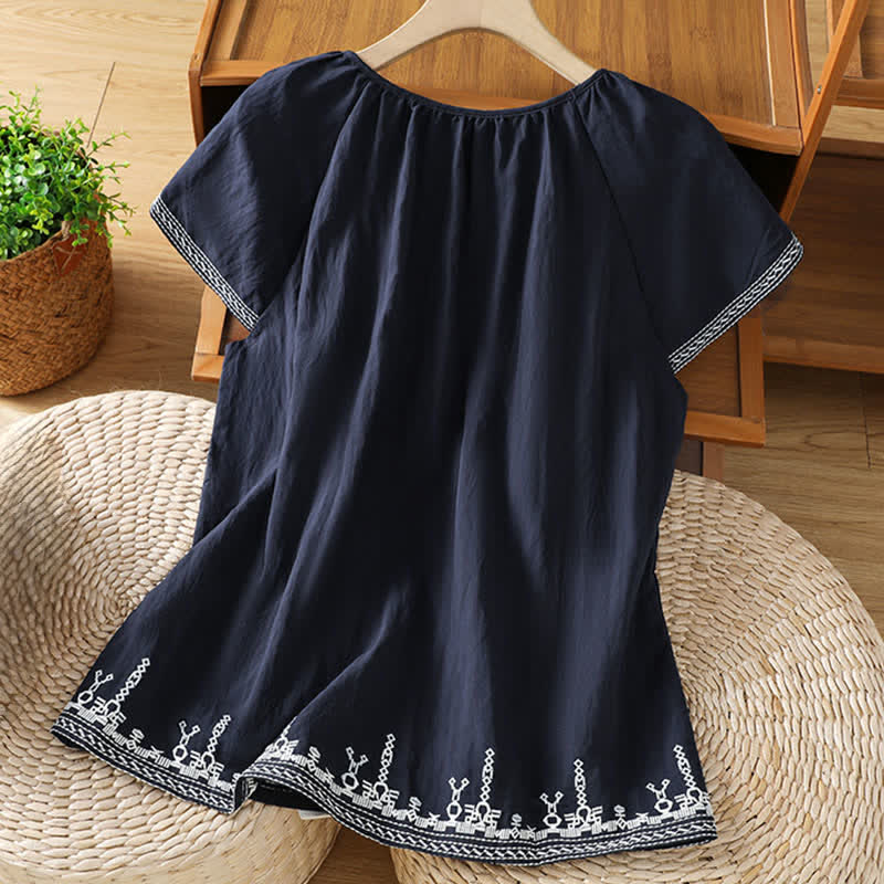 Buddha Stones Sommerliches Boho-T-Shirt mit Blumenstickerei und kurzen Ärmeln für Damen - image 1