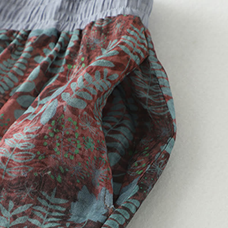 Buddha Stones Sommerliche Damenhose im Boho-Stil mit Kordelzug und Blätterprint, geradem Bein und Taschen - image 3