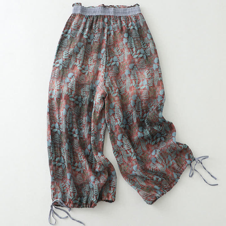 Buddha Stones Sommerliche Damenhose im Boho-Stil mit Kordelzug und Blätterprint, geradem Bein und Taschen - RosyBrown - US14, UK/AU18, EU46 (2XL) - image 0