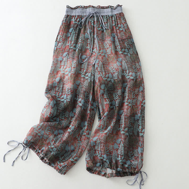 Buddha Stones Sommerliche Damenhose im Boho-Stil mit Kordelzug und Blätterprint, geradem Bein und Taschen - image 1