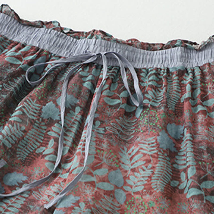 Buddha Stones Sommerliche Damenhose im Boho-Stil mit Kordelzug und Blätterprint, geradem Bein und Taschen - image 2