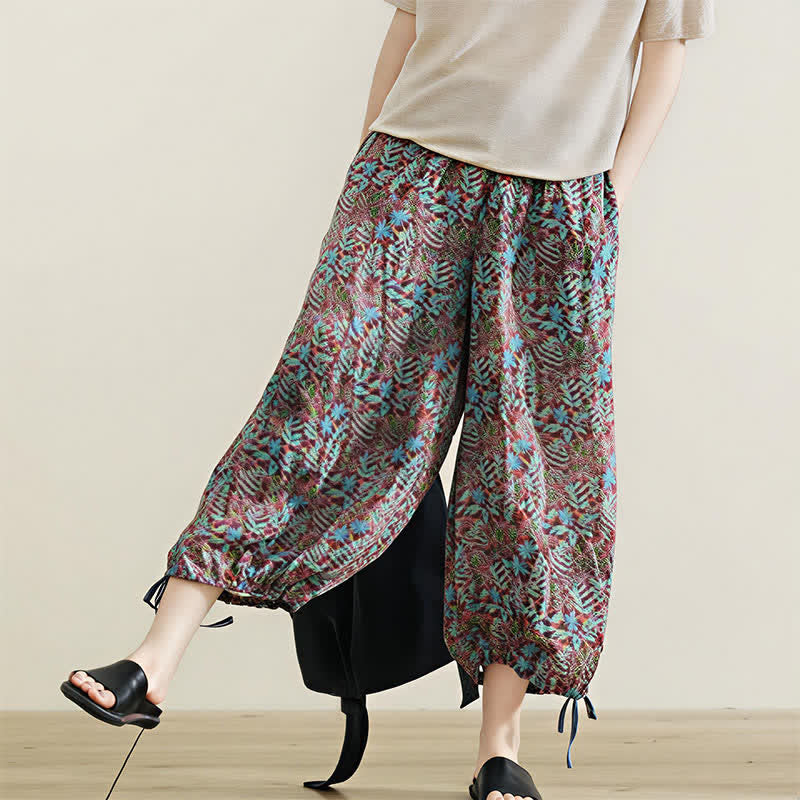 Buddha Stones Sommerliche Damenhose im Boho-Stil mit Kordelzug und Blätterprint, geradem Bein und Taschen - image 9