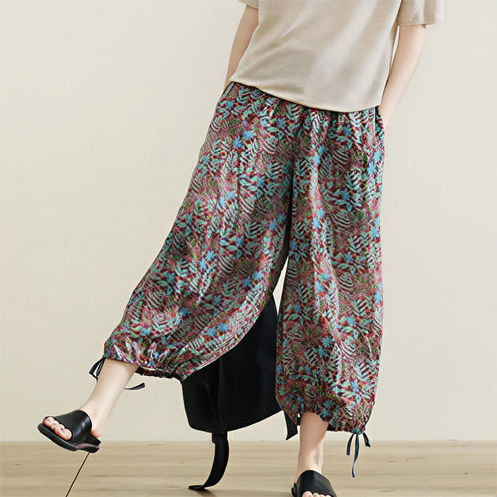 Buddha Stones Sommerliche Damenhose im Boho-Stil mit Kordelzug und Blätterprint, geradem Bein und Taschen - image 9