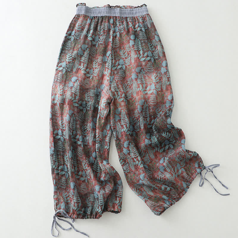 Buddha Stones Sommerliche Damenhose im Boho-Stil mit Kordelzug und Blätterprint, geradem Bein und Taschen - RosyBrown - US14, UK/AU18, EU46 (2XL) - image 0