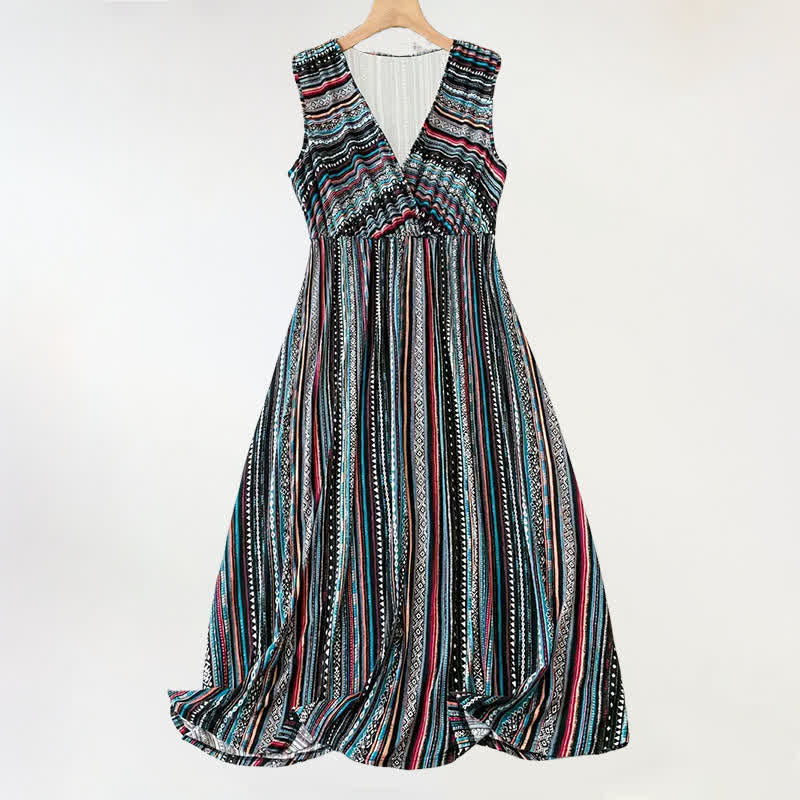 Buddha Stones Sommerkleid im Boho-Stil mit Streifen und V-Ausschnitt, ärmellos, für Damen - Schwarz - US20, UK/AU24, EU52 (5XL) - image 0