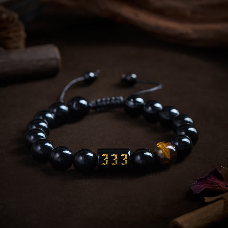 Buddha Stones Armband aus natürlichem schwarzem Obsidian und Tigerauge – Symbol für Stärke und Erfüllung - 333 (Handgelenkumfang 15-19 cm) - image 0