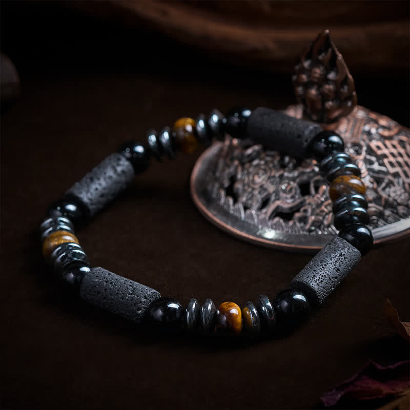 Buddha Stones Natürliches Armband aus Tigerauge-Obsidian, Hämatit und Lavagestein - image 3