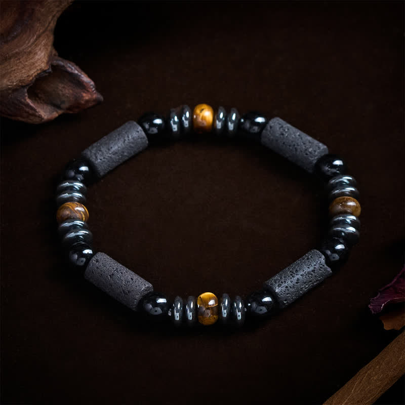 Buddha Stones Natürliches Armband aus Tigerauge-Obsidian, Hämatit und Lavagestein - image 1