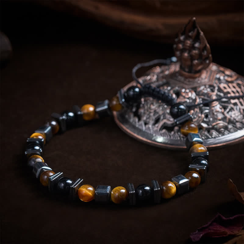 Buddha Stones Armband aus natürlichem Tigerauge, schwarzem Obsidian und Hämatit - image 3