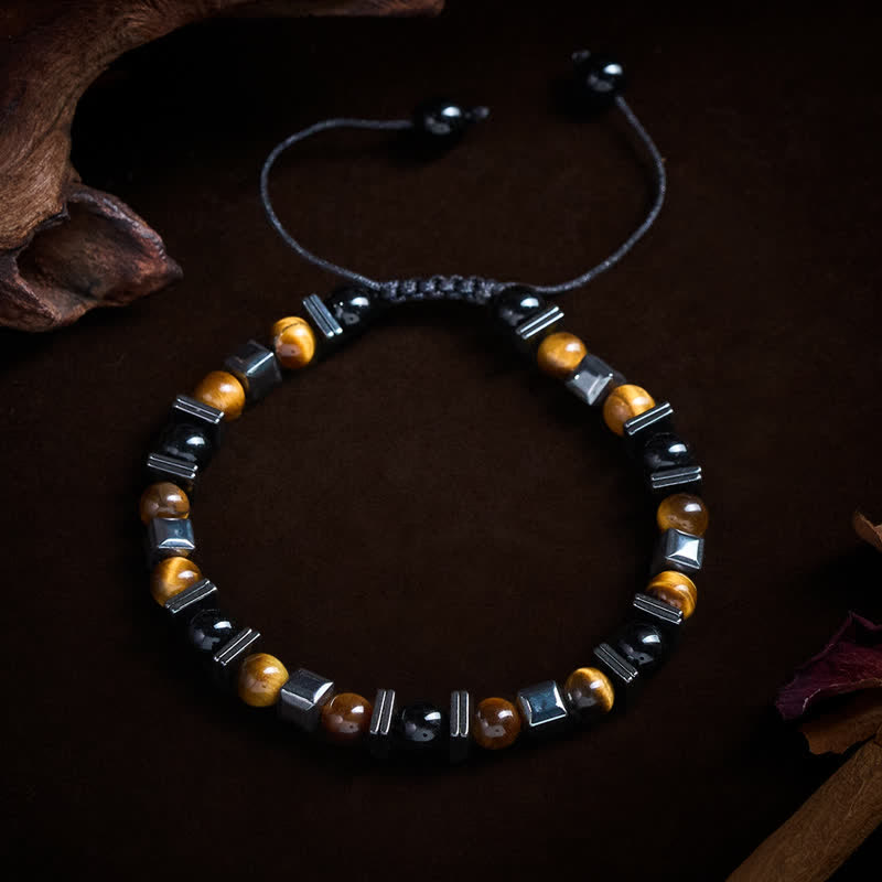 Buddha Stones Armband aus natürlichem Tigerauge, schwarzem Obsidian und Hämatit - image 1