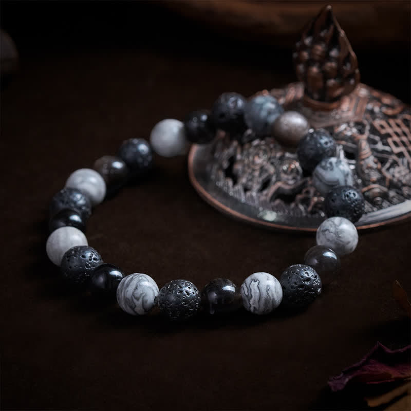 Buddha Stones Armband aus schwarzem Obsidian, Lavagestein und Picasso-Jaspisperlen - image 3