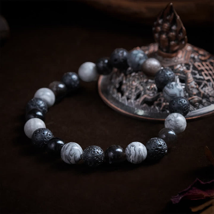 Buddha Stones Armband aus schwarzem Obsidian, Lavagestein und Picasso-Jaspisperlen - image 3