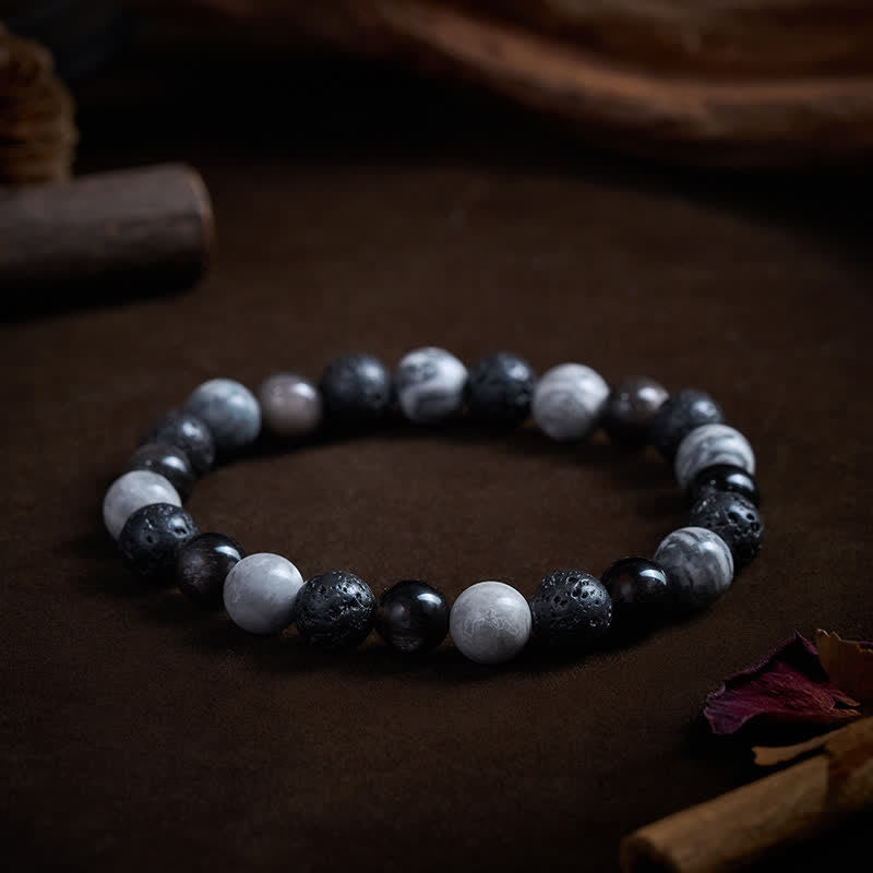 Buddha Stones Armband aus schwarzem Obsidian, Lavagestein und Picasso-Jaspisperlen - image 2