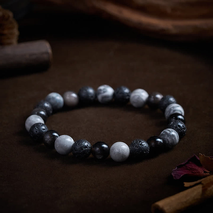 Buddha Stones Armband aus schwarzem Obsidian, Lavagestein und Picasso-Jaspisperlen - image 2