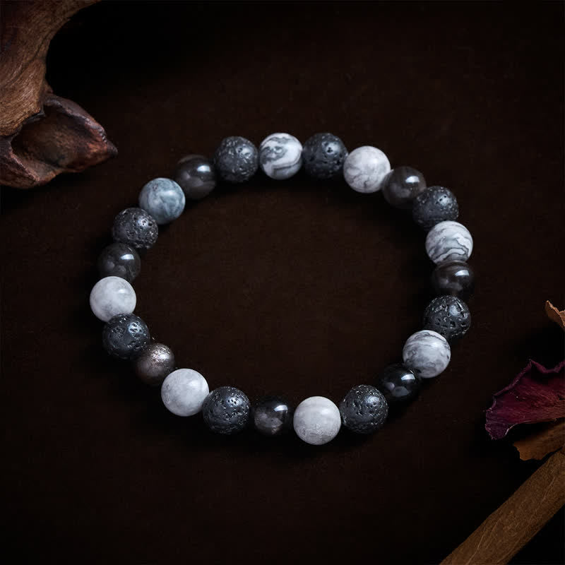 Buddha Stones Armband aus schwarzem Obsidian, Lavagestein und Picasso-Jaspisperlen - image 5