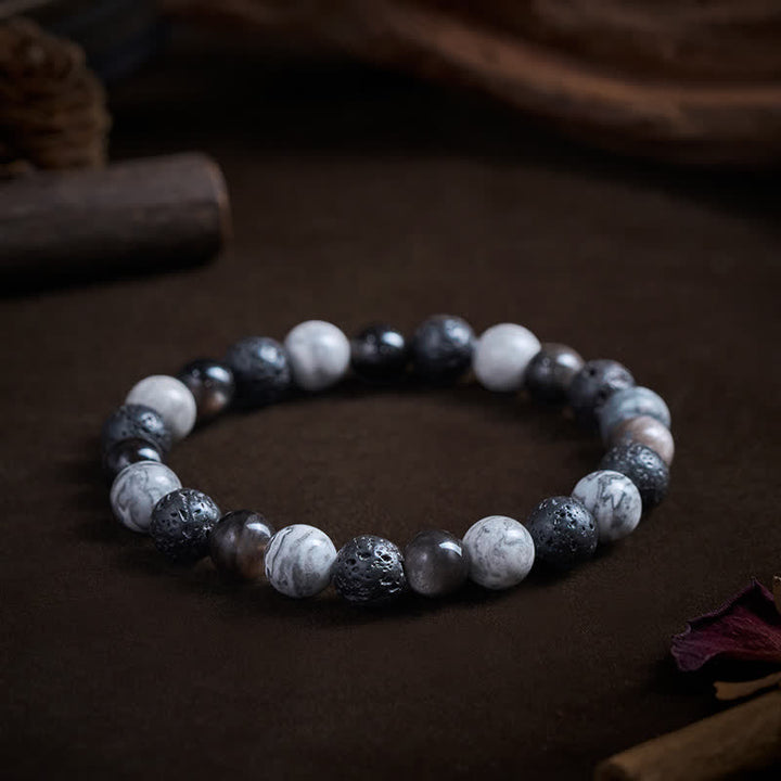 Buddha Stones Armband aus schwarzem Obsidian, Lavagestein und Picasso-Jaspisperlen - image 4