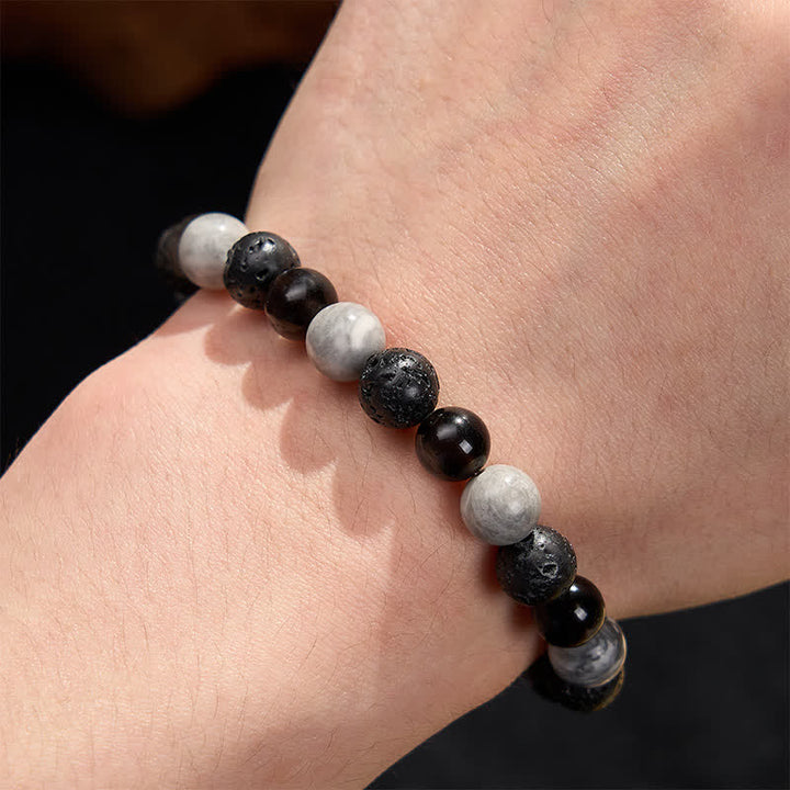 Buddha Stones Armband aus schwarzem Obsidian, Lavagestein und Picasso-Jaspisperlen - image 6