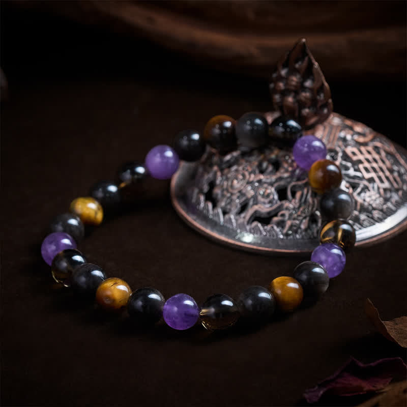 Buddha Stones Natürliches Amethyst-Tigerauge-Schwarzobsidian-Rauchquarz-Heilarmband - image 3