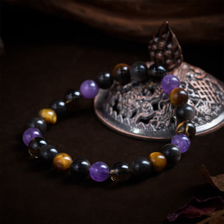 Buddha Stones Natürliches Amethyst-Tigerauge-Schwarzobsidian-Rauchquarz-Heilarmband - image 3