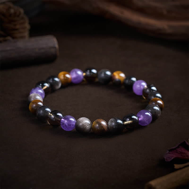 Buddha Stones Natürliches Amethyst-Tigerauge-Schwarzobsidian-Rauchquarz-Heilarmband - image 2
