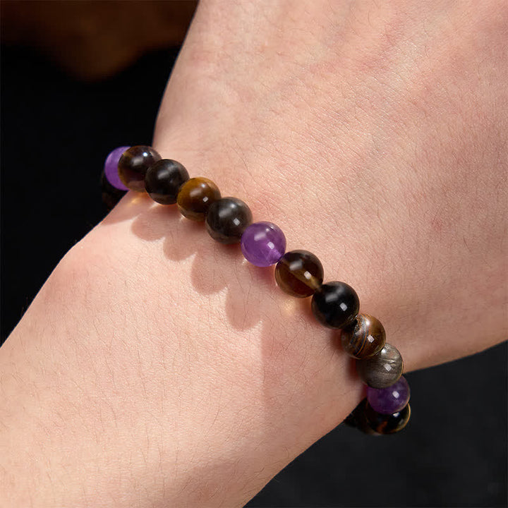 Buddha Stones Natürliches Amethyst-Tigerauge-Schwarzobsidian-Rauchquarz-Heilarmband - image 5