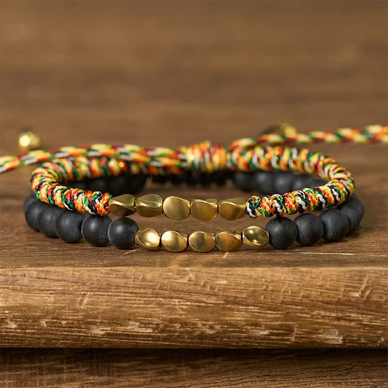 Buddha Stones 2 Stück Armband aus Kupferschnur mit natürlichen, mattierten Steinperlen - Mehrfarbig + Mattierter Stein (Handgelenkumfang: 17-28 cm) - image 0