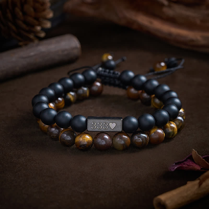 Buddha Stones 2er-Armband mit mattiertem Tigerauge und Engelszahlen 333 222 111 11:11 444 - image 1