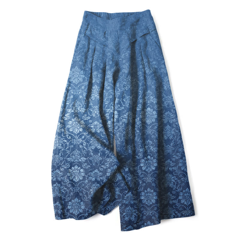 Buddha Stones Baumwoll-Leinen-Hose mit Vintage-Blumenmuster, elastischem Bund, weitem Bein und Taschen - Königsblau - US16, UK/AU20, EU48 (3XL) - image 0