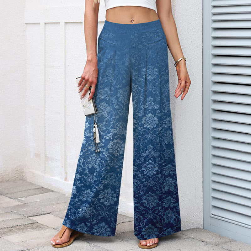 Buddha Stones Baumwoll-Leinen-Hose mit Vintage-Blumenmuster, elastischem Bund, weitem Bein und Taschen - image 1