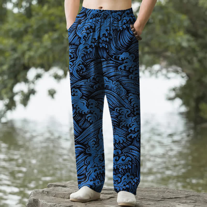 Buddha Stones Herrenhose aus Baumwolle mit Ozeanwellenmuster, schmal zulaufendem Schnitt und Taschen - Königsblau - US/ UK/AU50, EU60 (5XL) - image 0