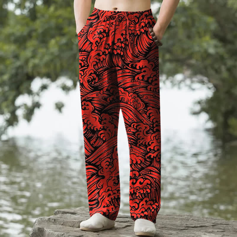 Buddha Stones Herrenhose aus Baumwolle mit Ozeanwellenmuster, schmal zulaufendem Schnitt und Taschen - Purpurrot - US/ UK/AU50, EU60 (5XL) - image 4