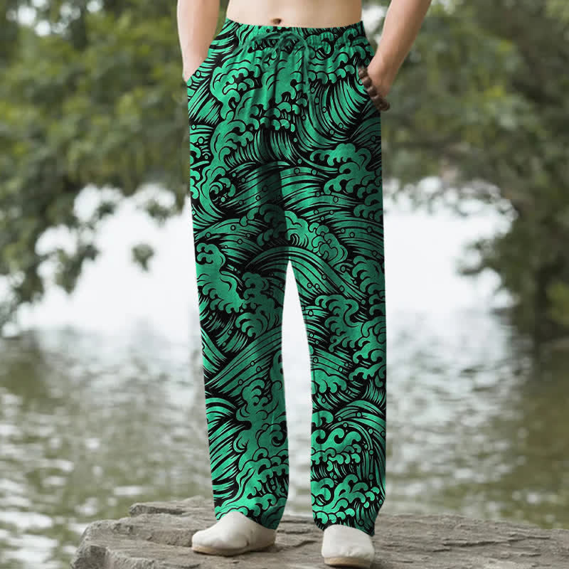 Buddha Stones Herrenhose aus Baumwolle mit Ozeanwellenmuster, schmal zulaufendem Schnitt und Taschen - Waldgrün - US/ UK/AU50, EU60 (5XL) - image 6