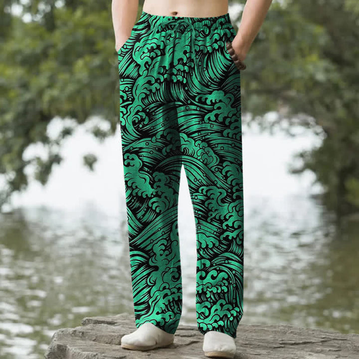 Buddha Stones Herrenhose aus Baumwolle mit Ozeanwellenmuster, schmal zulaufendem Schnitt und Taschen - Waldgrün - US/ UK/AU50, EU60 (5XL) - image 6
