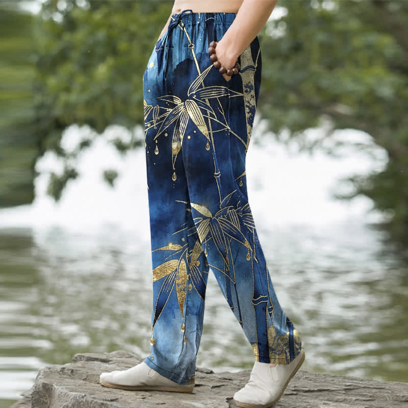 Buddha Stones Herrenhose aus Baumwolle mit goldenem Bambusblattmuster, schmal zulaufendem Schnitt und Taschen - image 1